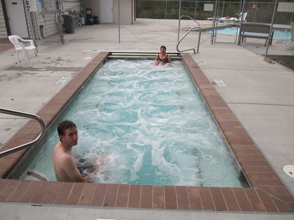 Paul and Jill in a big hottub at Camperworld.